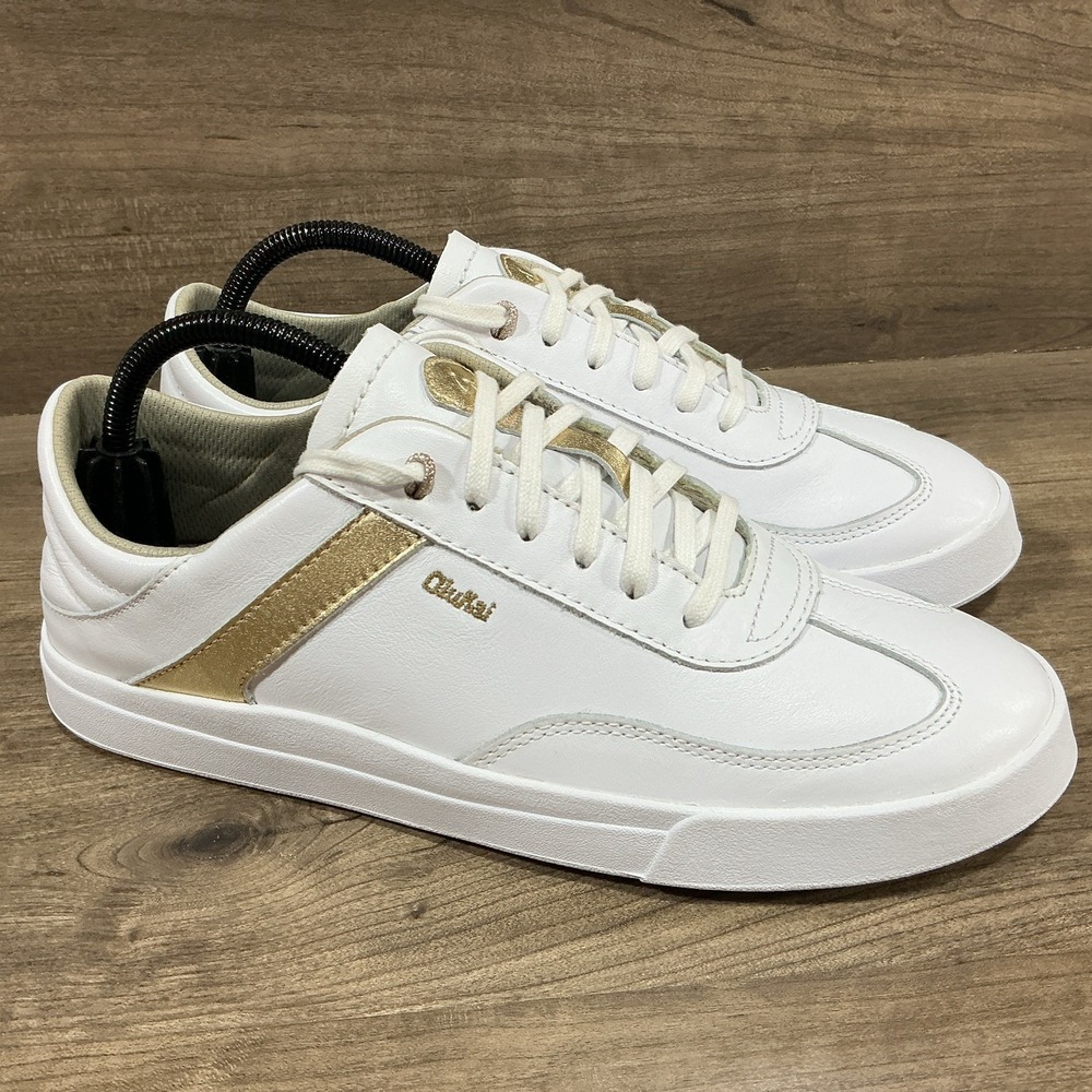 OluKai Ha'Upu Women's White Gold Lace Up Leather Sneakers Shoes Size 10 US 40 EU